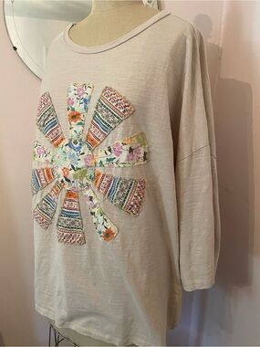 Easel Cream Mid Sleeve knit Top with Multicolor Floral Patchwork Sunburst